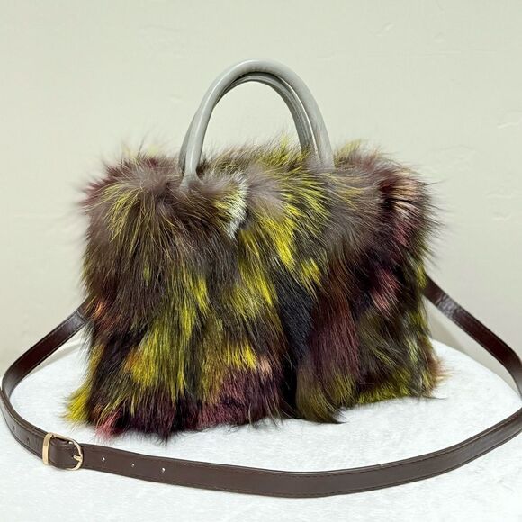 Colorful Handmade Luxury Real Fox Fur Top Handles Satchel Bag/Crossbody - Picture 5 of 16